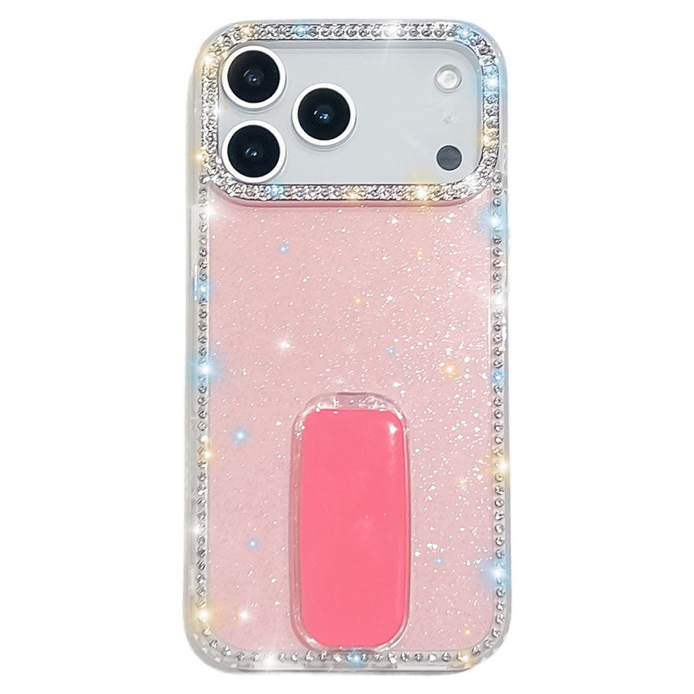 For iPhone 17 Pro Max Case with Straight Mirror Kickstand Rhinestone Edge TPU + PC IMD Phone Cover - Glitter Light Pink