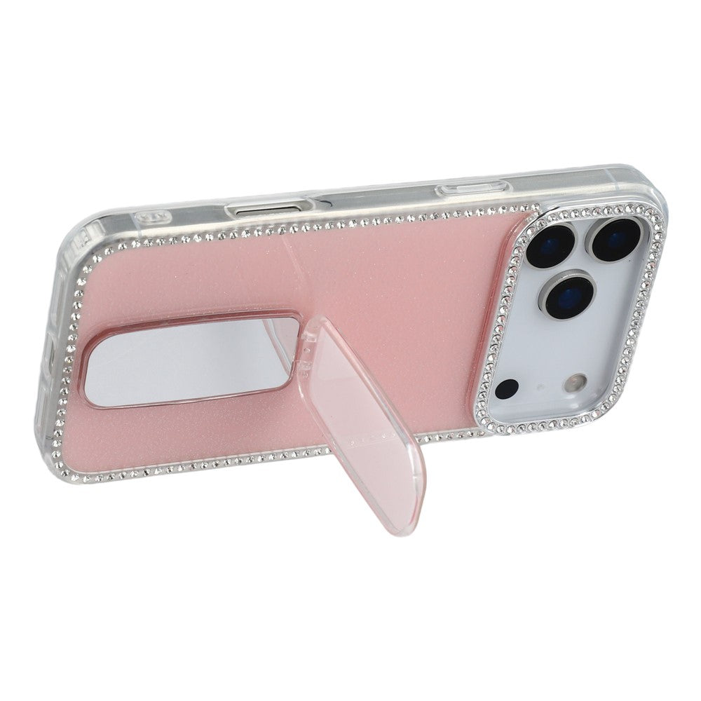 For iPhone 17 Pro Max Case with Straight Mirror Kickstand Rhinestone Edge TPU + PC IMD Phone Cover - Glitter Light Pink