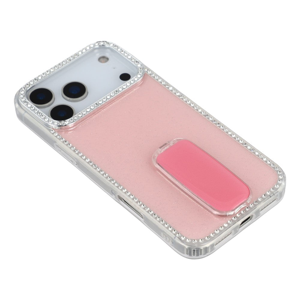 For iPhone 17 Pro Max Case with Straight Mirror Kickstand Rhinestone Edge TPU + PC IMD Phone Cover - Glitter Light Pink