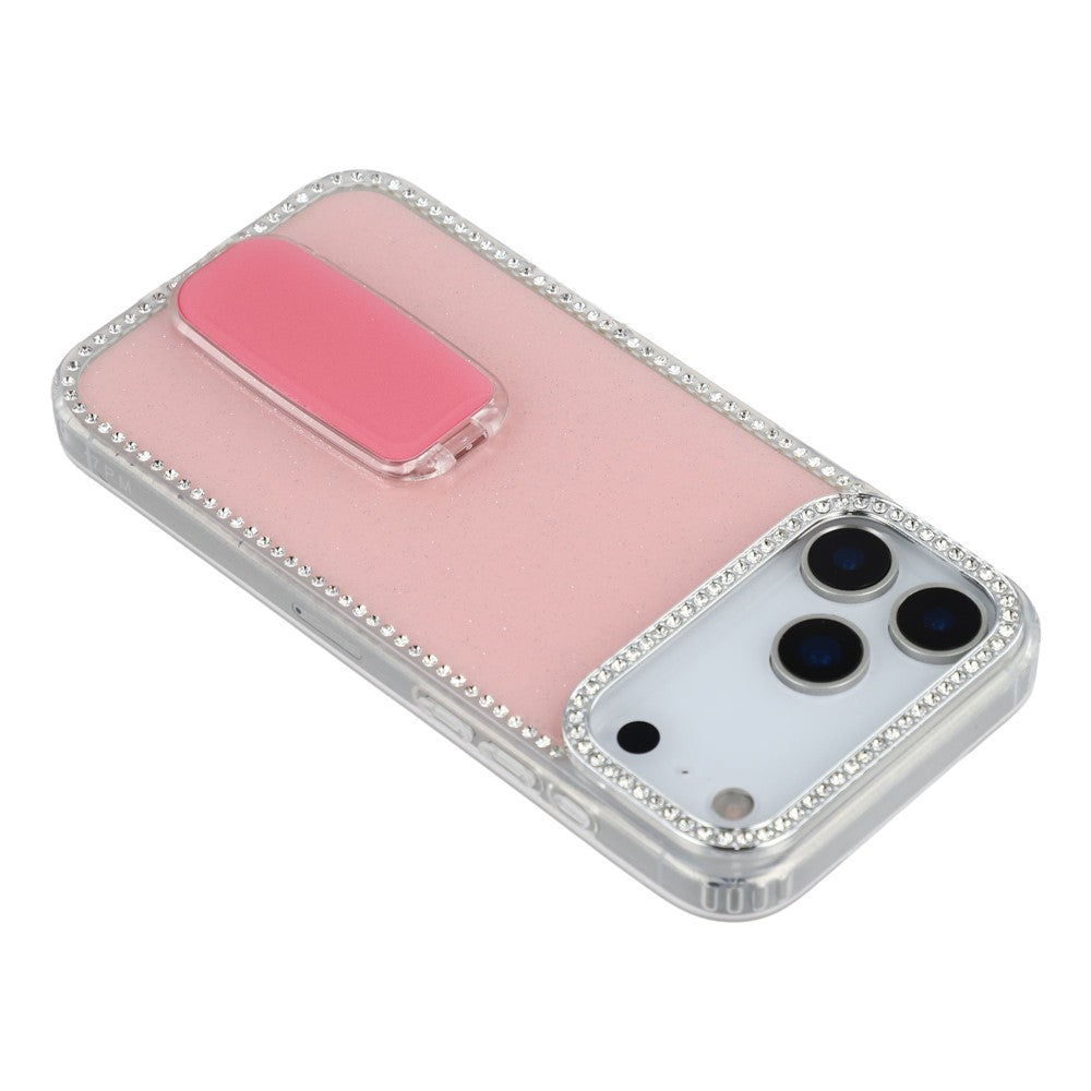 For iPhone 17 Pro Max Case with Straight Mirror Kickstand Rhinestone Edge TPU + PC IMD Phone Cover - Glitter Light Pink