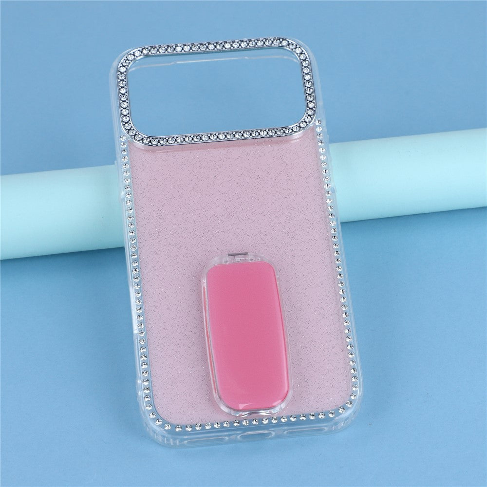 For iPhone 17 Pro Max Case with Straight Mirror Kickstand Rhinestone Edge TPU + PC IMD Phone Cover - Glitter Light Pink
