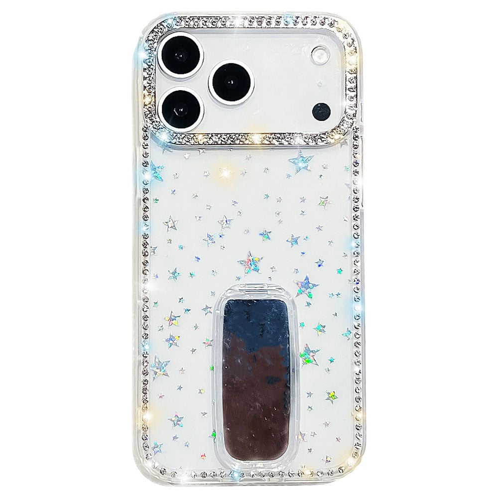 For iPhone 17 Pro Max Case with Straight Mirror Kickstand Rhinestone Edge TPU + PC IMD Phone Cover - Starry Transparent