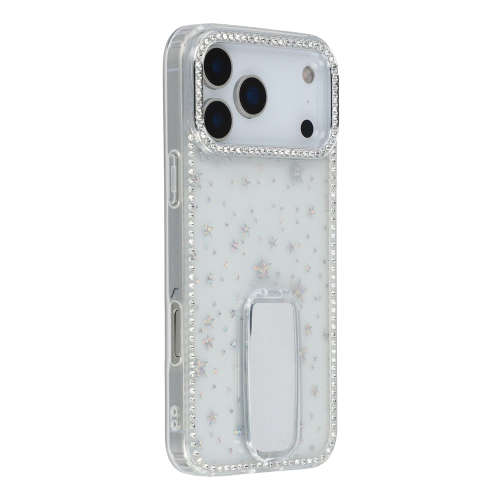 For iPhone 17 Pro Max Case with Straight Mirror Kickstand Rhinestone Edge TPU + PC IMD Phone Cover - Starry Transparent