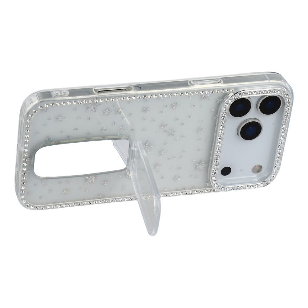 For iPhone 17 Pro Max Case with Straight Mirror Kickstand Rhinestone Edge TPU + PC IMD Phone Cover - Starry Transparent