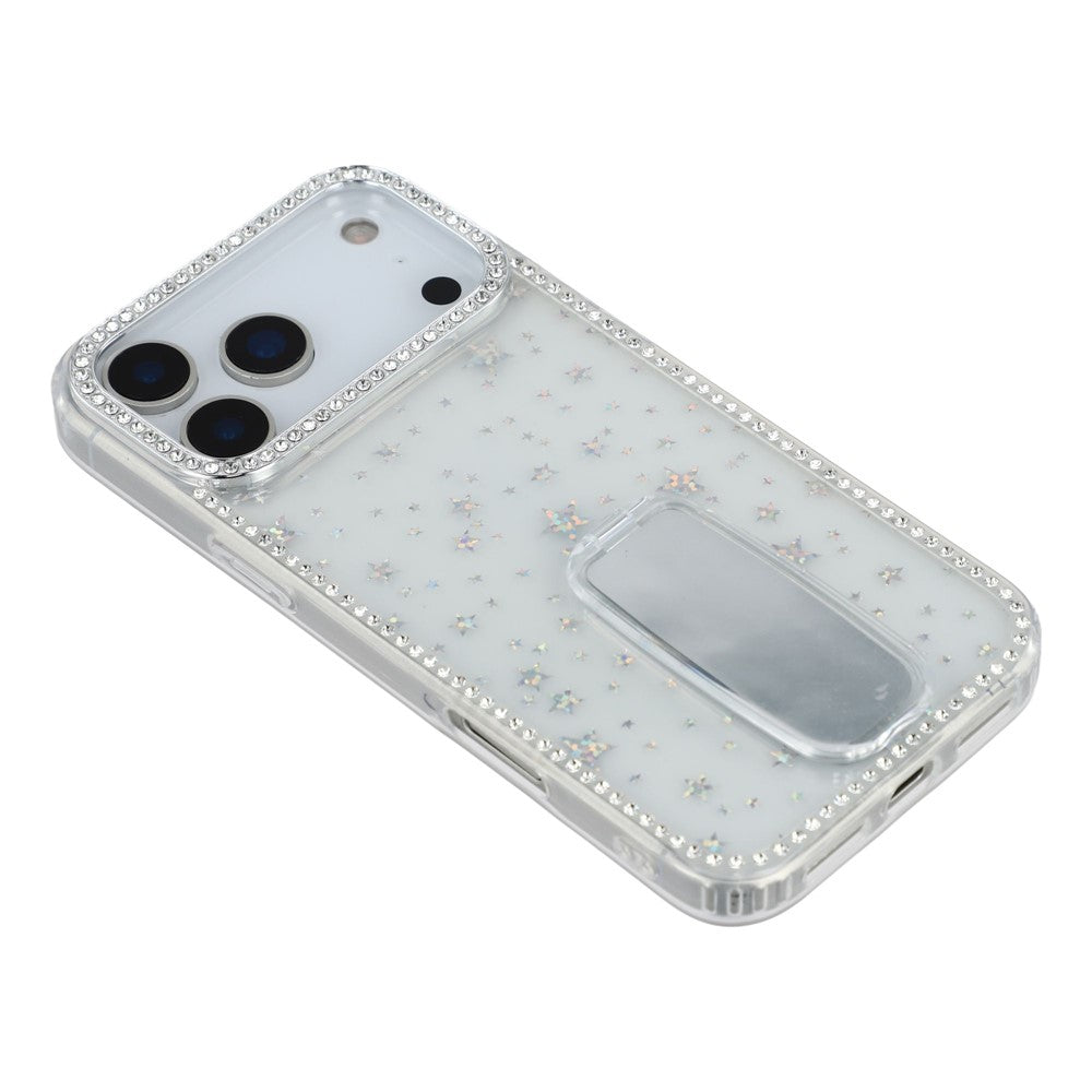 For iPhone 17 Pro Max Case with Straight Mirror Kickstand Rhinestone Edge TPU + PC IMD Phone Cover - Starry Transparent
