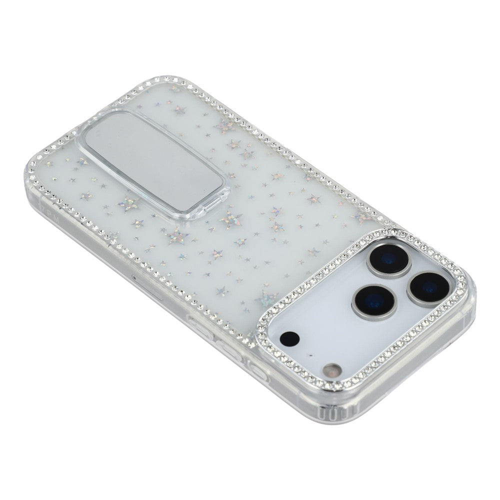 For iPhone 17 Pro Max Case with Straight Mirror Kickstand Rhinestone Edge TPU + PC IMD Phone Cover - Starry Transparent