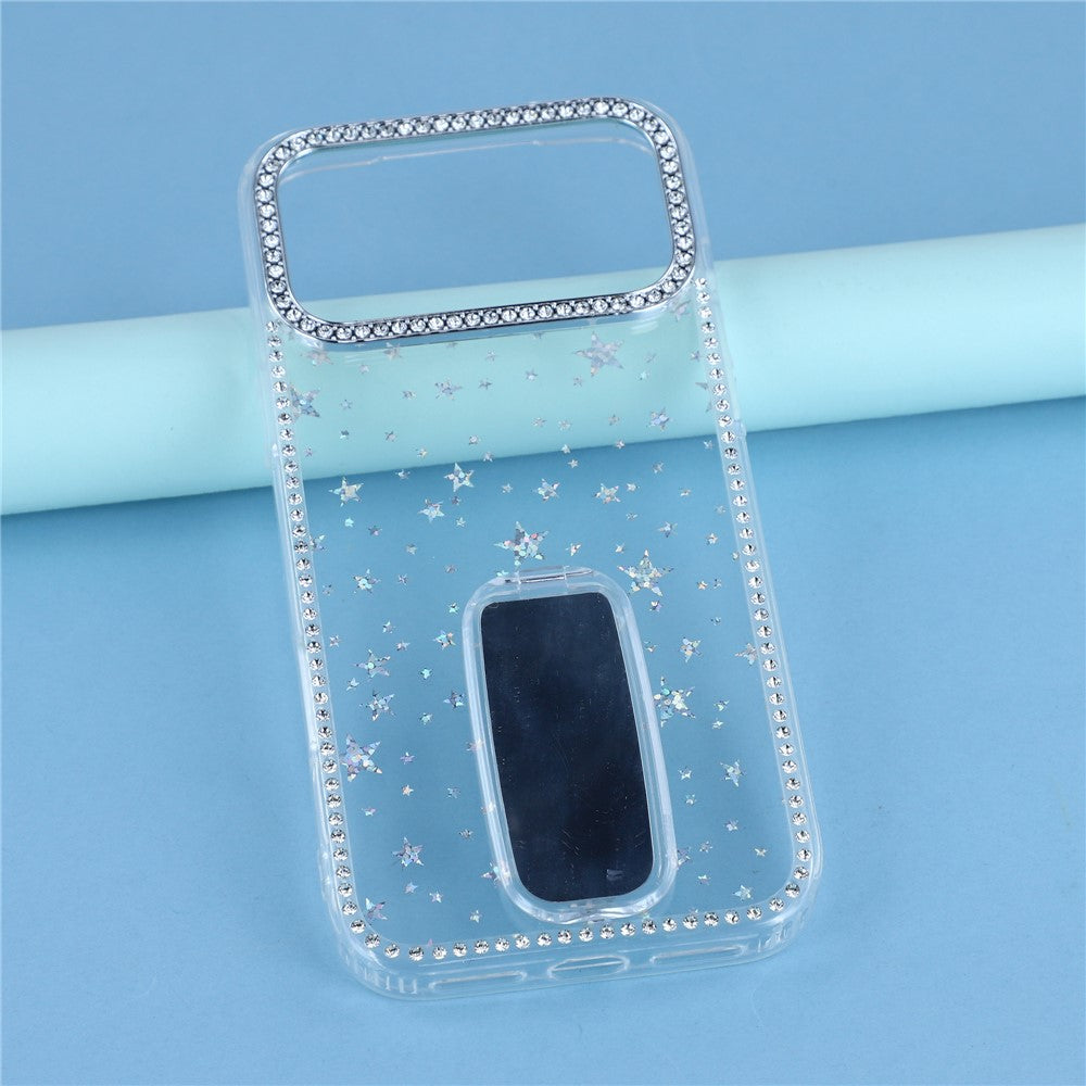 For iPhone 17 Pro Max Case with Straight Mirror Kickstand Rhinestone Edge TPU + PC IMD Phone Cover - Starry Transparent