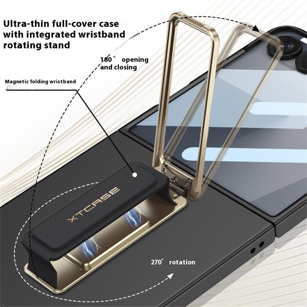 GKK For Samsung Galaxy Z Flip7 5G Case with Kickstand / Magnetic Strap PC Tempered Glass Slim Phone Cover - Titanium Grey