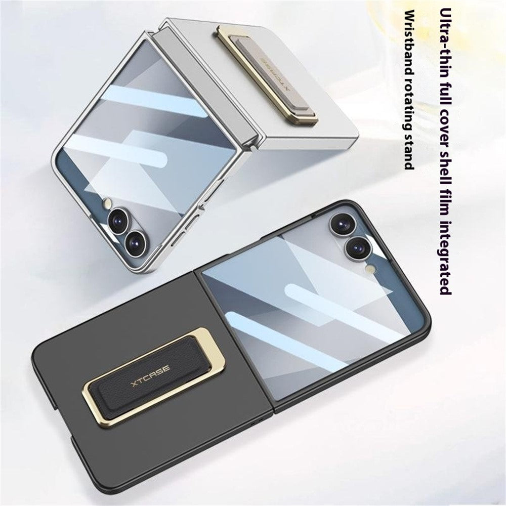 GKK For Samsung Galaxy Z Flip7 5G Case with Kickstand / Magnetic Strap PC Tempered Glass Slim Phone Cover - Titanium Grey