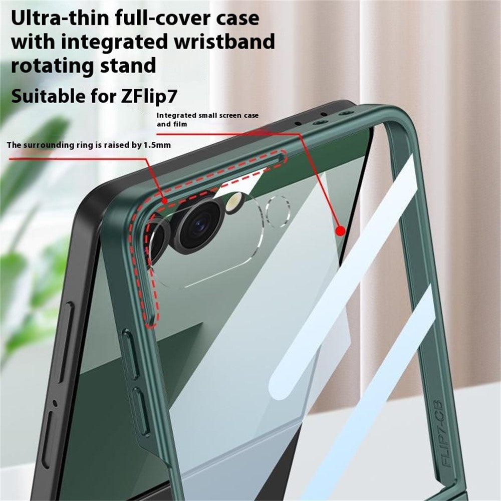 GKK For Samsung Galaxy Z Flip7 5G Case with Kickstand / Magnetic Strap PC Tempered Glass Slim Phone Cover - Silver