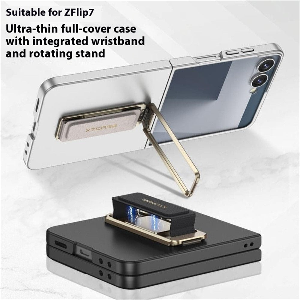 GKK For Samsung Galaxy Z Flip7 5G Case with Kickstand / Magnetic Strap PC Tempered Glass Slim Phone Cover - Silver