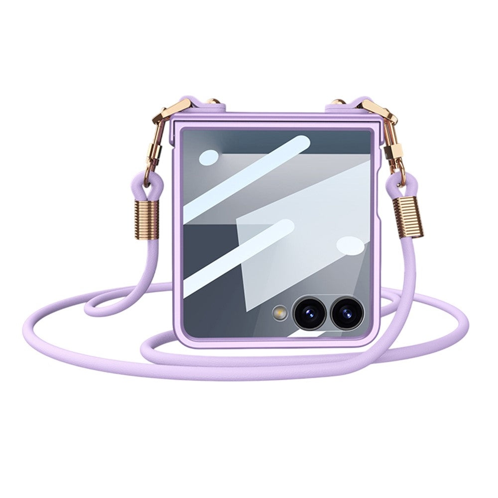 GKK For Samsung Galaxy Z Flip7 5G Case with Shoulder Strap PC Tempered Glass Slim Phone Cover - Purple