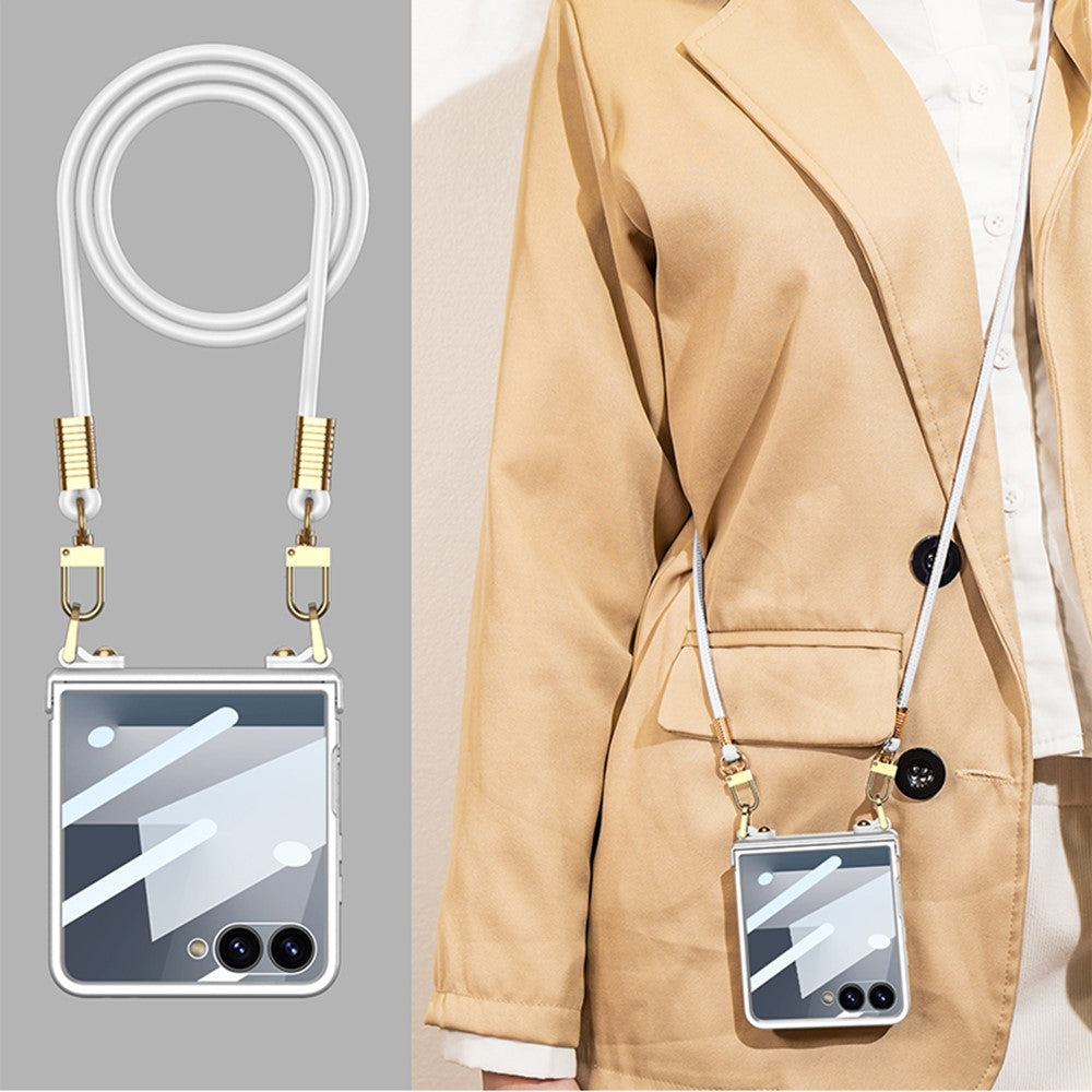 GKK For Samsung Galaxy Z Flip7 5G Case with Shoulder Strap PC Tempered Glass Slim Phone Cover - Pink