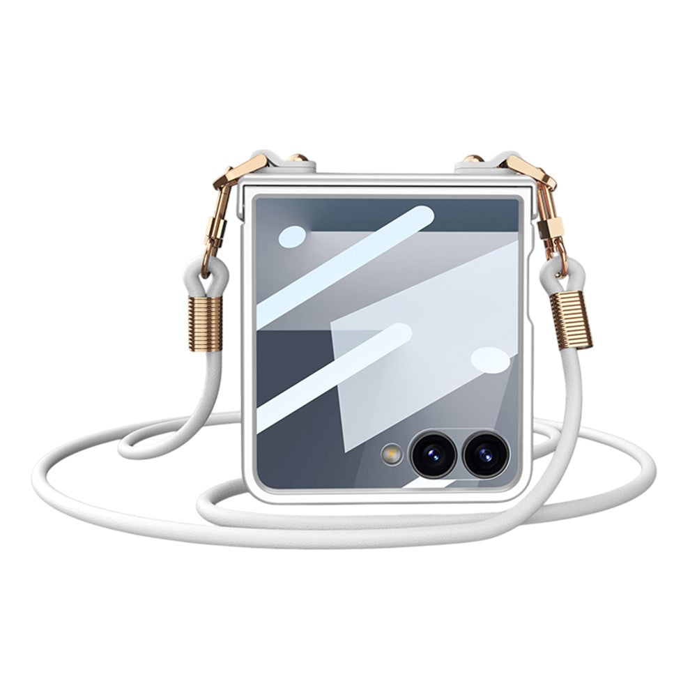 GKK For Samsung Galaxy Z Flip7 5G Case with Shoulder Strap PC Tempered Glass Slim Phone Cover - Silver