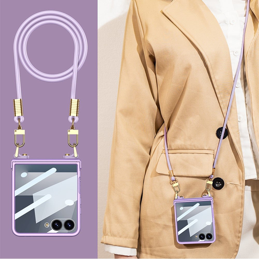 GKK For Samsung Galaxy Z Flip7 5G Case with Shoulder Strap PC Tempered Glass Slim Phone Cover - Silver