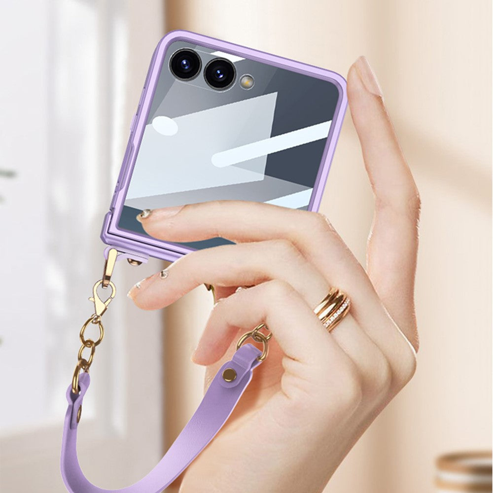 GKK For Samsung Galaxy Z Flip7 5G Case with Wrist Strap / Hinge Protection PC + Tempered Glass Slim Phone Cover - Purple