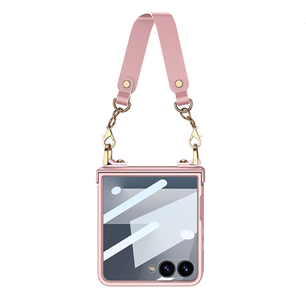 GKK For Samsung Galaxy Z Flip7 5G Case with Wrist Strap / Hinge Protection PC + Tempered Glass Slim Phone Cover - Pink