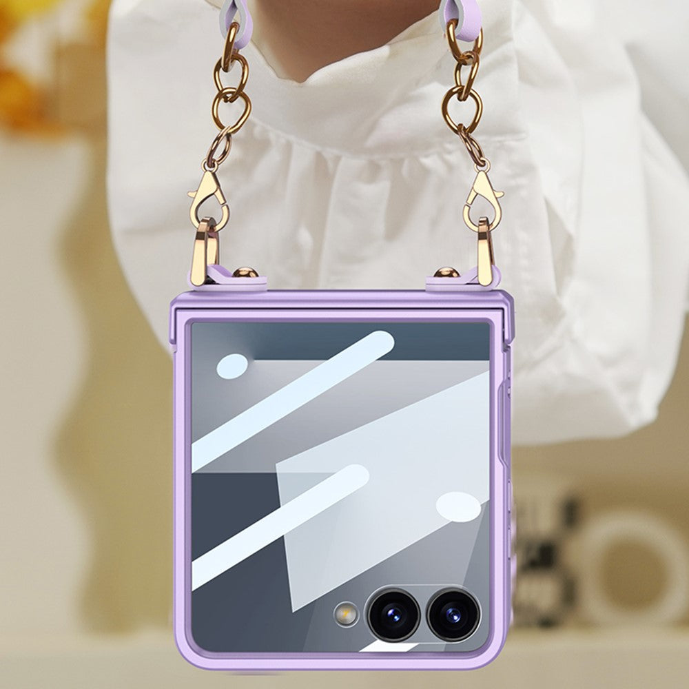 GKK For Samsung Galaxy Z Flip7 5G Case with Wrist Strap / Hinge Protection PC + Tempered Glass Slim Phone Cover - Pink