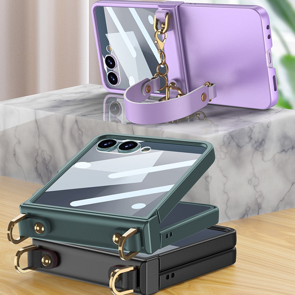 GKK For Samsung Galaxy Z Flip7 5G Case with Wrist Strap / Hinge Protection PC + Tempered Glass Slim Phone Cover - Green