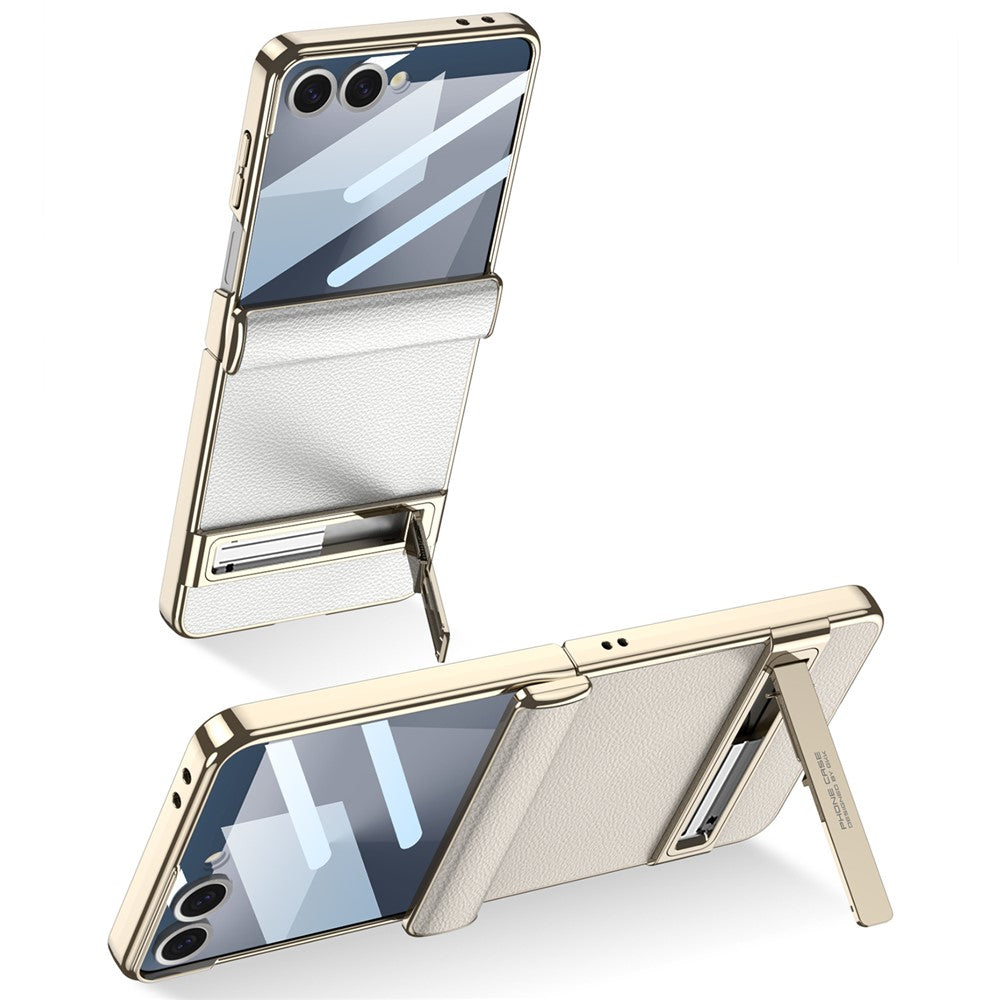 GKK For Samsung Galaxy Z Flip7 5G Kickstand Case Magnetic Hinge Protection PU + PC + Tempered Glass Phone Cover - White