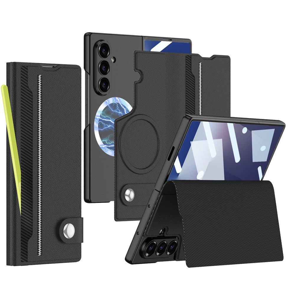GKK For Samsung Galaxy Z Fold7 5G Magnetic Case with Card Slot Detachable PC PU Leather Flip Phone Cover - Black