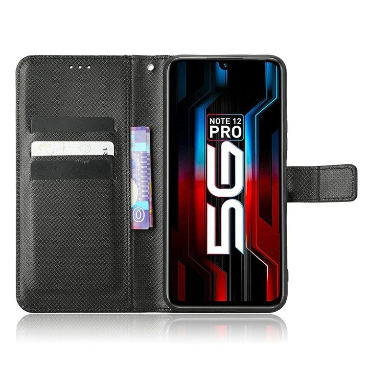 For Infinix Note 12 5G / Note 12 Pro 5G / X671 / X671B Diamond Texture Case Stand Wallet Shockproof Phone Cover with Strap - Black