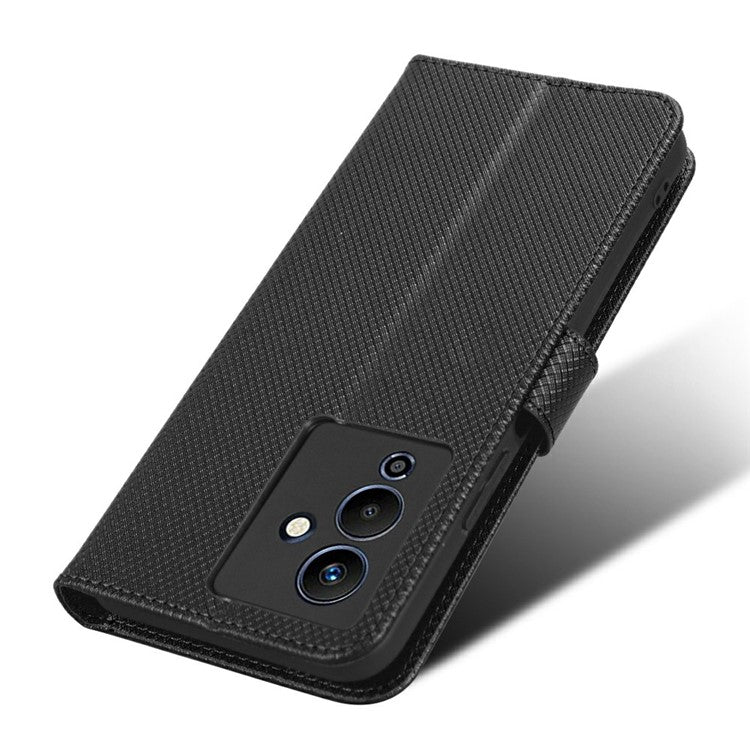 For Infinix Note 12 5G / Note 12 Pro 5G / X671 / X671B Diamond Texture Case Stand Wallet Shockproof Phone Cover with Strap - Black