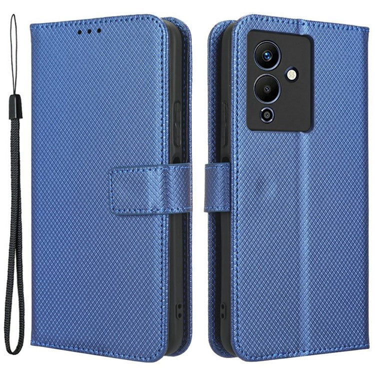 For Infinix Note 12 5G / Note 12 Pro 5G / X671 / X671B Diamond Texture Case Stand Wallet Shockproof Phone Cover with Strap - Blue