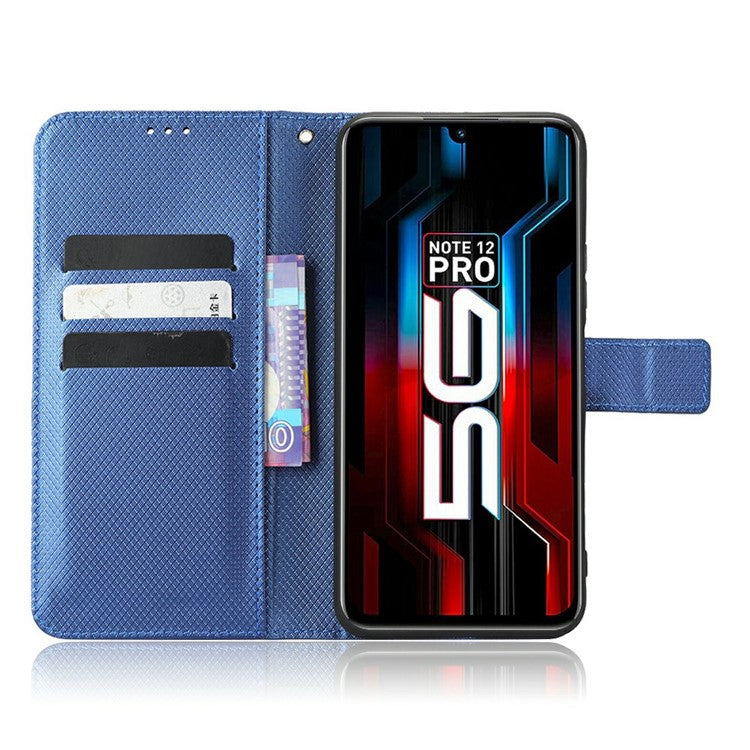 For Infinix Note 12 5G / Note 12 Pro 5G / X671 / X671B Diamond Texture Case Stand Wallet Shockproof Phone Cover with Strap - Blue