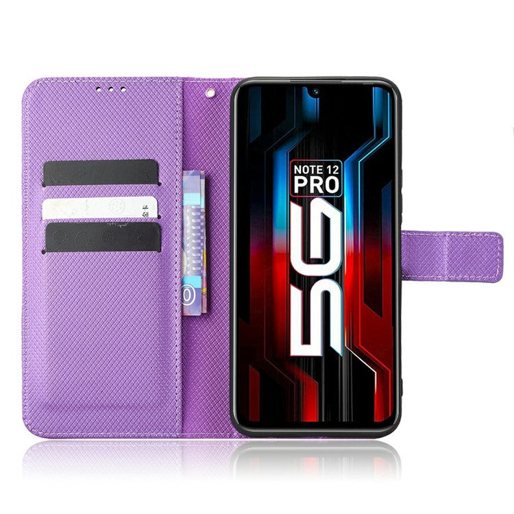 For Infinix Note 12 5G / Note 12 Pro 5G / X671 / X671B Diamond Texture Case Stand Wallet Shockproof Phone Cover with Strap - Purple