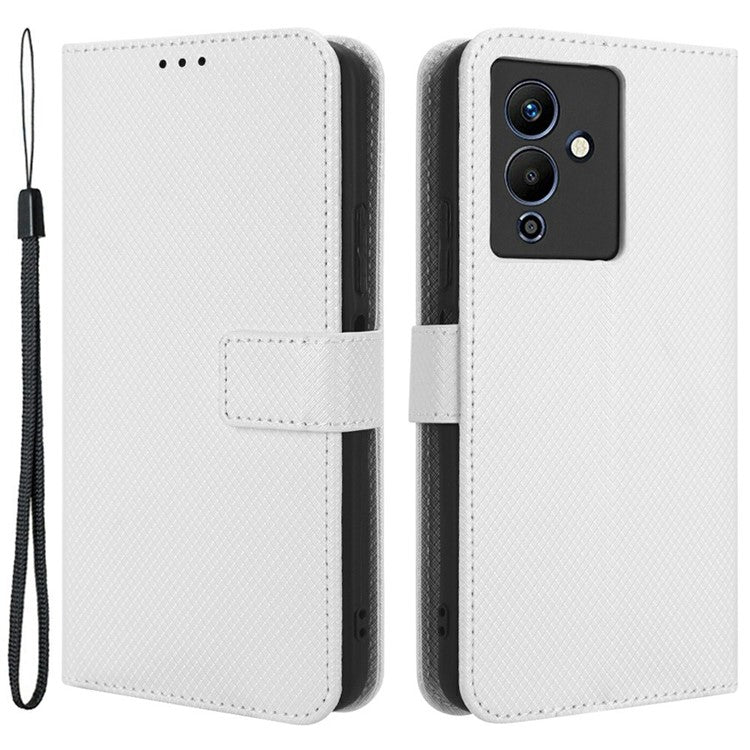 For Infinix Note 12 5G / Note 12 Pro 5G / X671 / X671B Diamond Texture Case Stand Wallet Shockproof Phone Cover with Strap - White