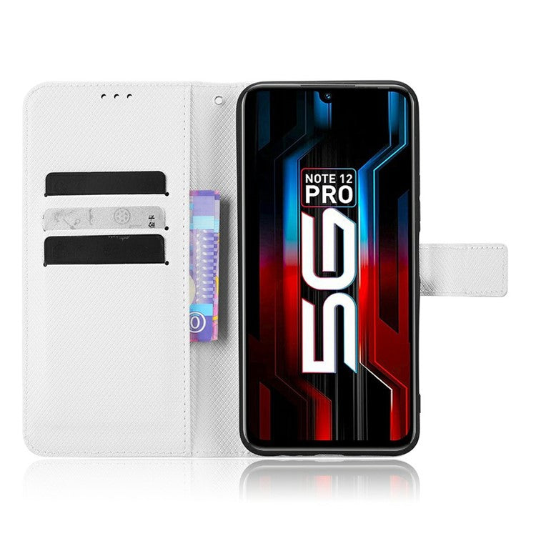 For Infinix Note 12 5G / Note 12 Pro 5G / X671 / X671B Diamond Texture Case Stand Wallet Shockproof Phone Cover with Strap - White