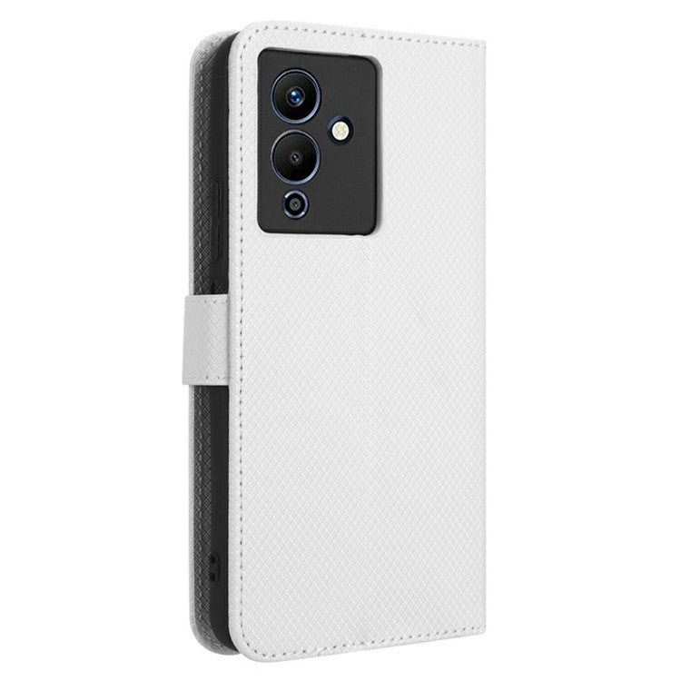 For Infinix Note 12 5G / Note 12 Pro 5G / X671 / X671B Diamond Texture Case Stand Wallet Shockproof Phone Cover with Strap - White