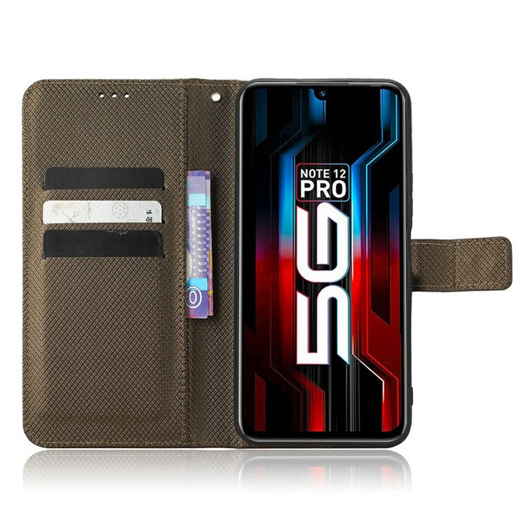 For Infinix Note 12 5G / Note 12 Pro 5G / X671 / X671B Diamond Texture Case Stand Wallet Shockproof Phone Cover with Strap - Brown