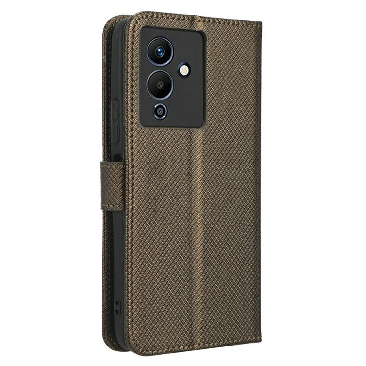 For Infinix Note 12 5G / Note 12 Pro 5G / X671 / X671B Diamond Texture Case Stand Wallet Shockproof Phone Cover with Strap - Brown