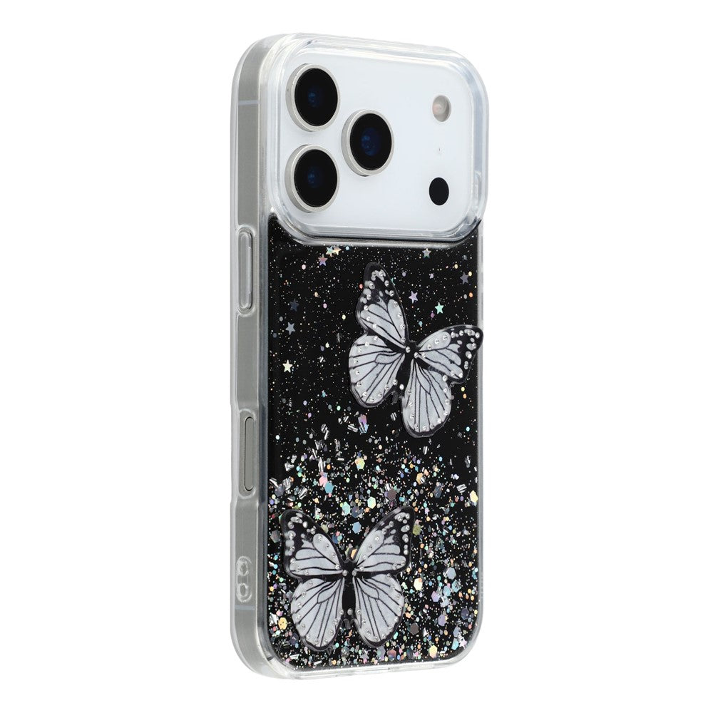 For iPhone 17 Pro Max Case Epoxy PVC Butterfly TPU Aesthetics Phone Cover - Black