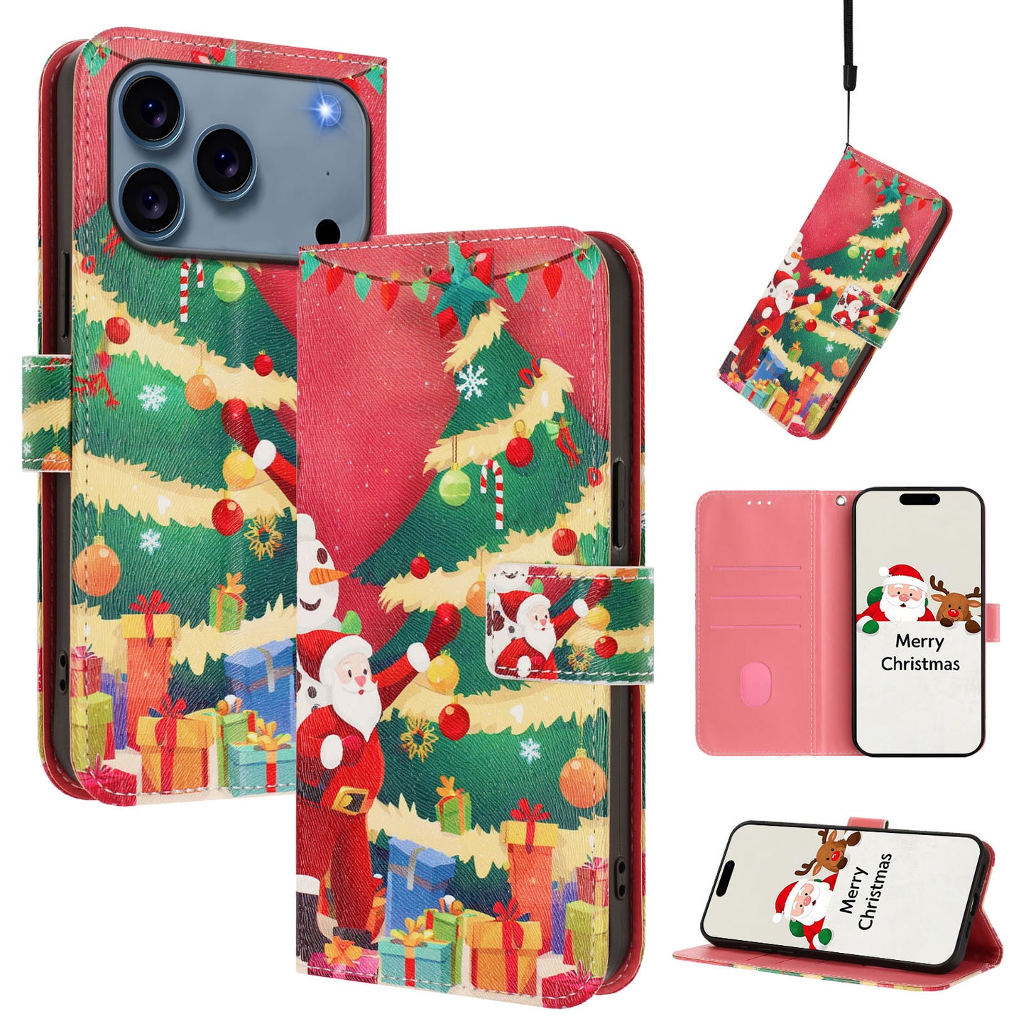 For iPhone 17 Pro Max Wallet Case Christmas Pattern Printing Leather Phone Cover with Lanyard - Christmas Tree