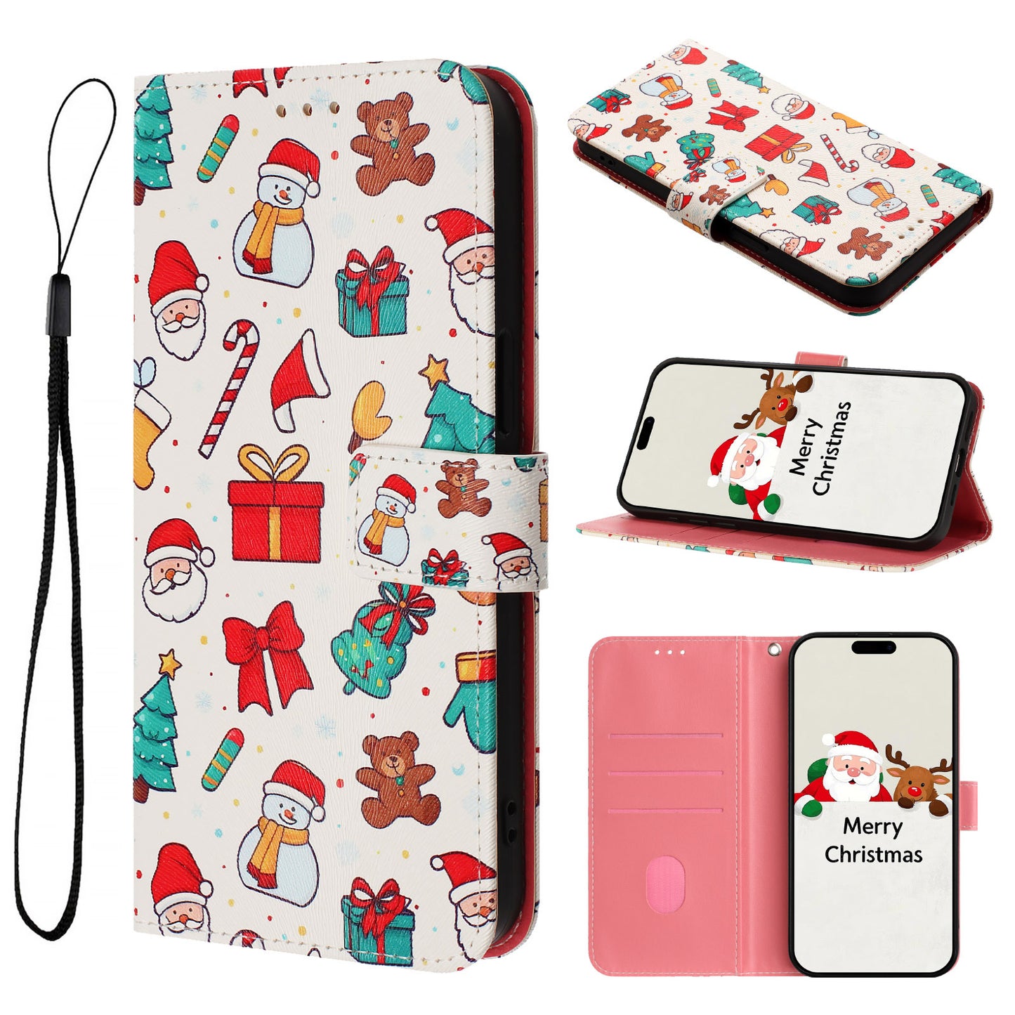 For iPhone 17 Pro Max Wallet Case Christmas Pattern Printing Leather Phone Cover with Lanyard - Christmas Elements