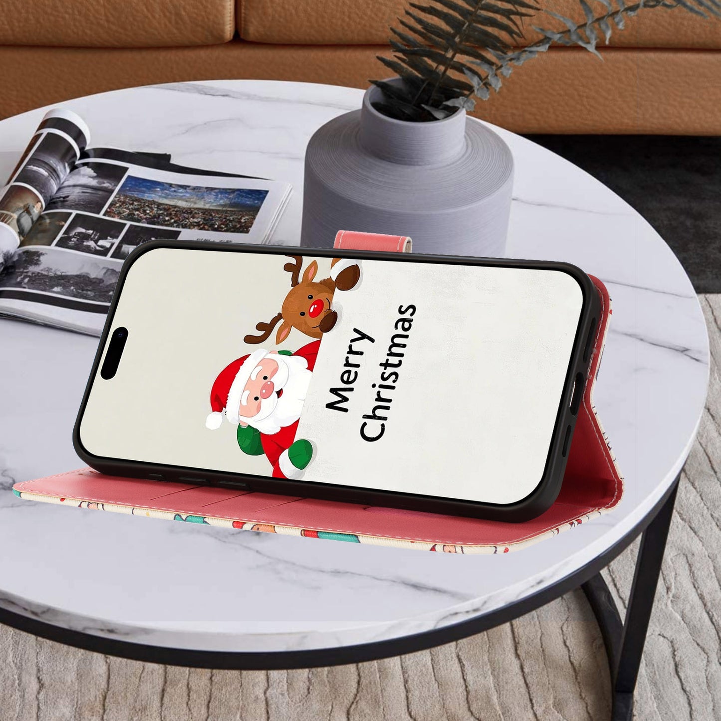 For iPhone 17 Pro Max Wallet Case Christmas Pattern Printing Leather Phone Cover with Lanyard - Christmas Elements