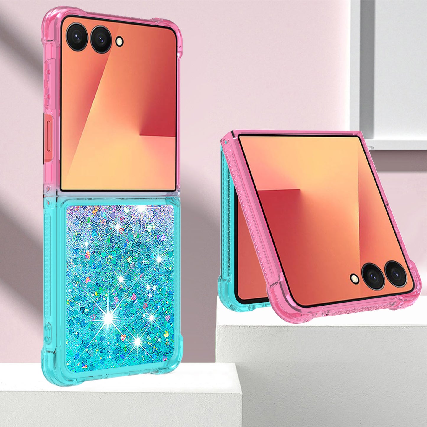For Samsung Galaxy Z Flip7 5G TPU Case Gradient Quicksand Phone Back Cover - Pink+Sky Blue