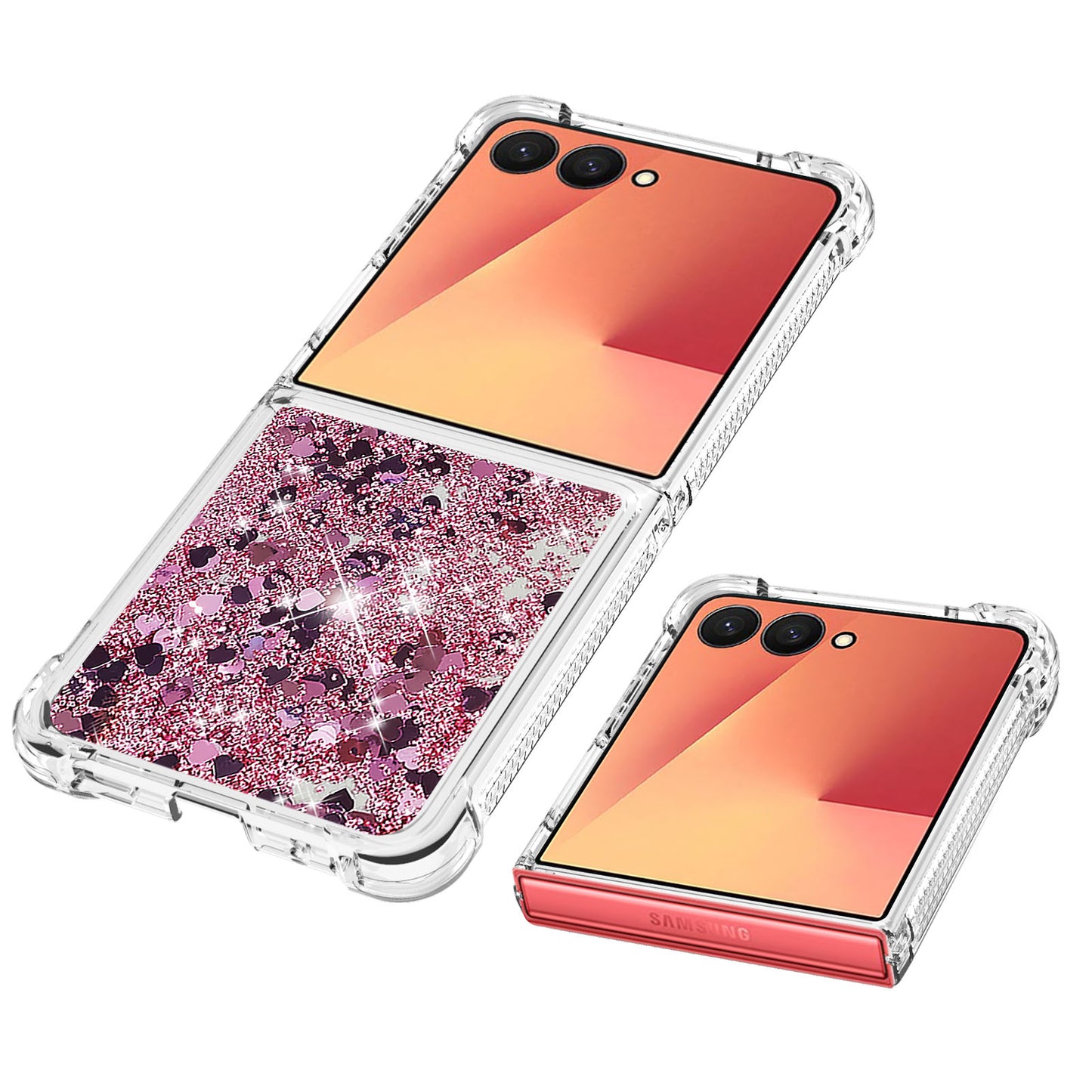 For Samsung Galaxy Z Flip7 5G TPU Case Glitter Quicksand Shockproof Phone Back Cover - Rose Gold / Hearts
