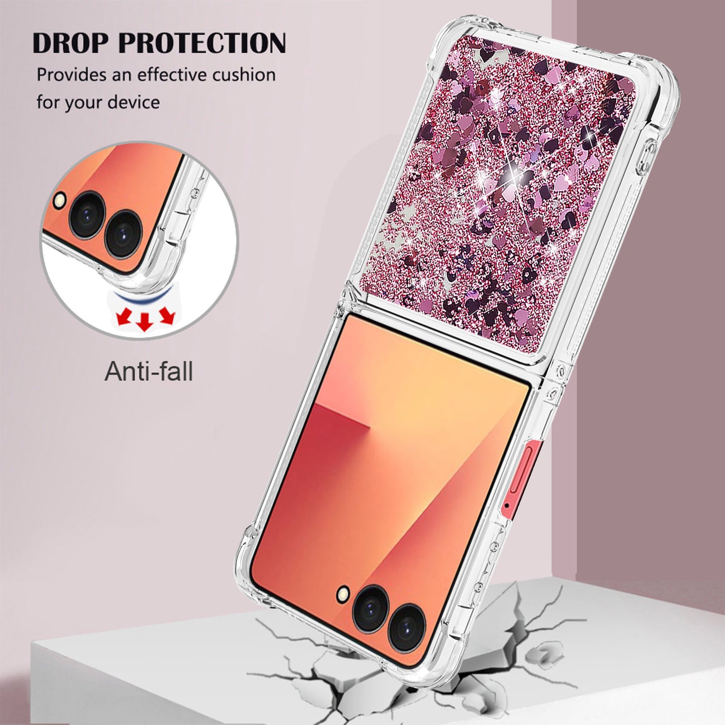 For Samsung Galaxy Z Flip7 5G TPU Case Glitter Quicksand Shockproof Phone Back Cover - Rose Gold / Hearts