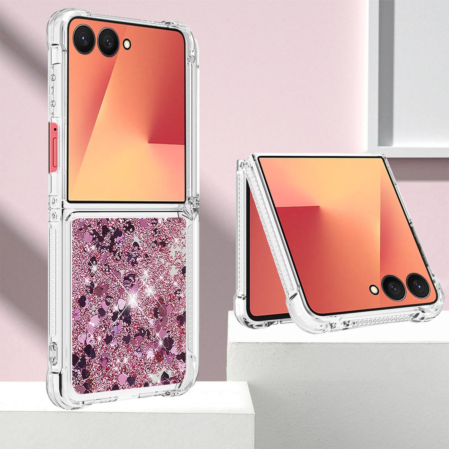 For Samsung Galaxy Z Flip7 5G TPU Case Glitter Quicksand Shockproof Phone Back Cover - Rose Gold / Hearts