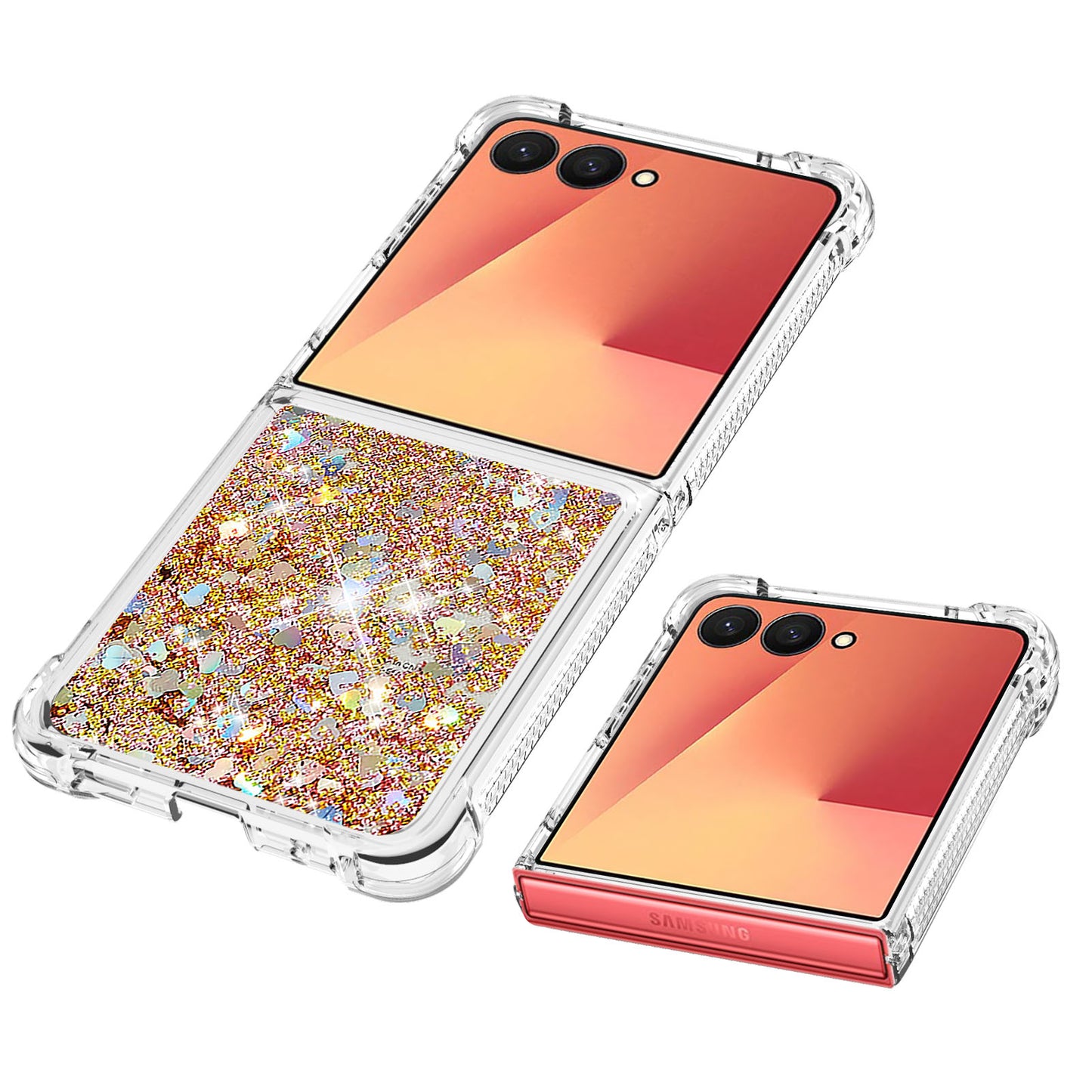 For Samsung Galaxy Z Flip7 5G TPU Case Glitter Quicksand Shockproof Phone Back Cover - Gold / Hearts