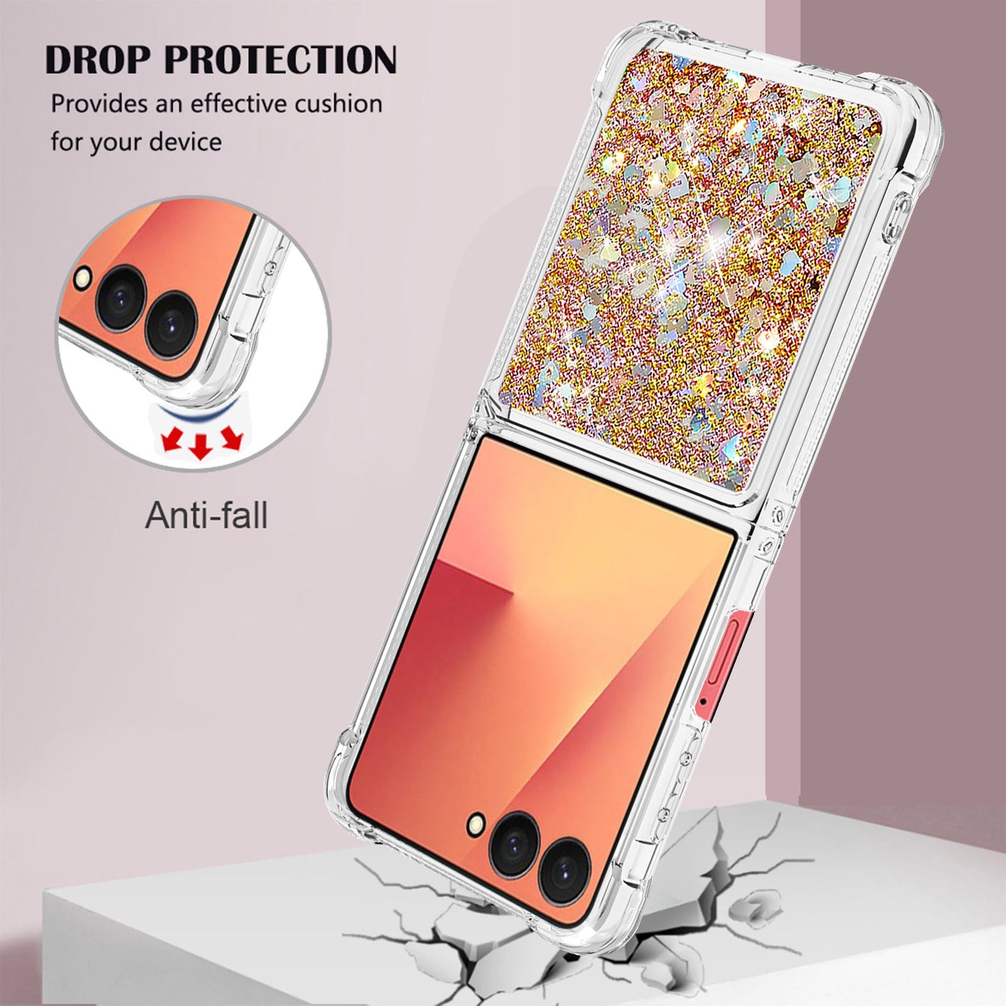For Samsung Galaxy Z Flip7 5G TPU Case Glitter Quicksand Shockproof Phone Back Cover - Gold / Hearts