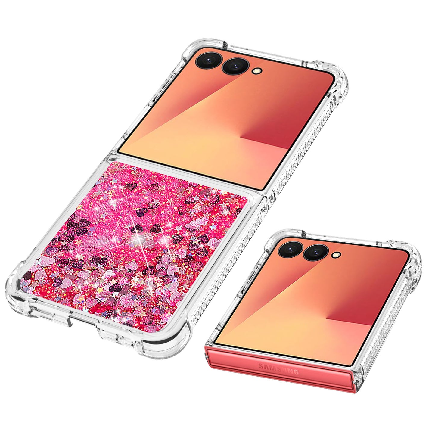 For Samsung Galaxy Z Flip7 5G TPU Case Glitter Quicksand Shockproof Phone Back Cover - Pink / Hearts