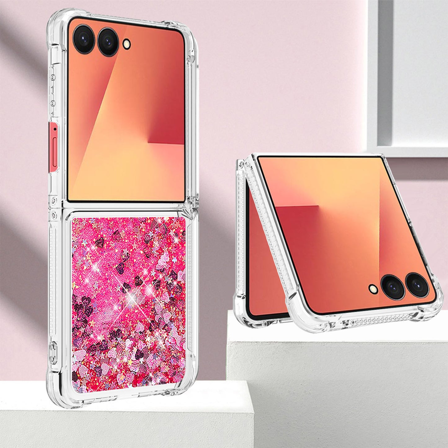 For Samsung Galaxy Z Flip7 5G TPU Case Glitter Quicksand Shockproof Phone Back Cover - Pink / Hearts