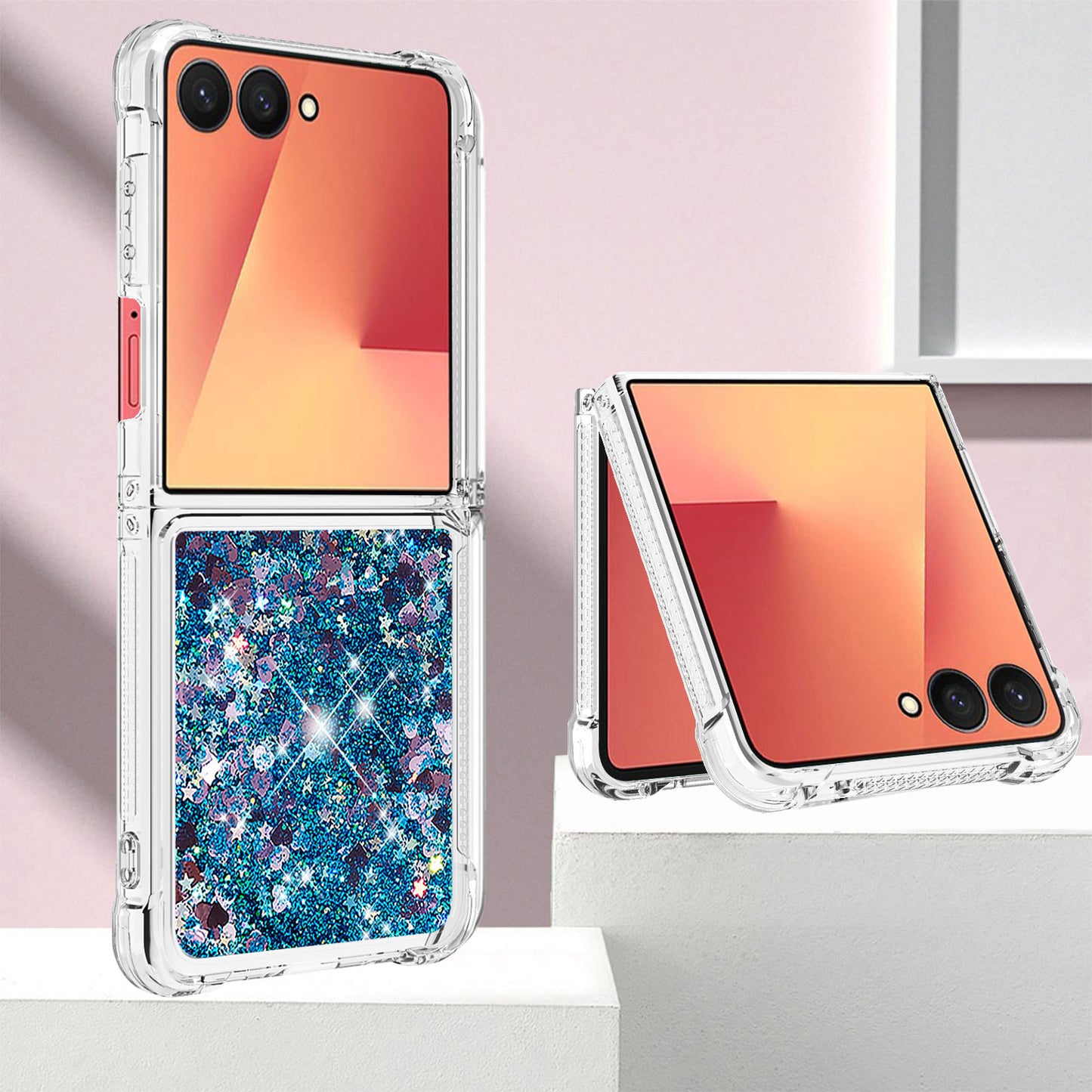 For Samsung Galaxy Z Flip7 5G TPU Case Glitter Quicksand Shockproof Phone Back Cover - Blue / Hearts