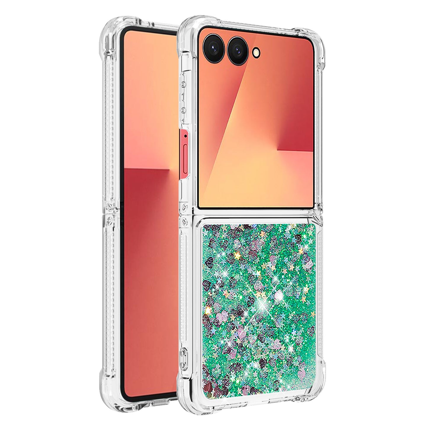For Samsung Galaxy Z Flip7 5G TPU Case Glitter Quicksand Shockproof Phone Back Cover - Green / Hearts