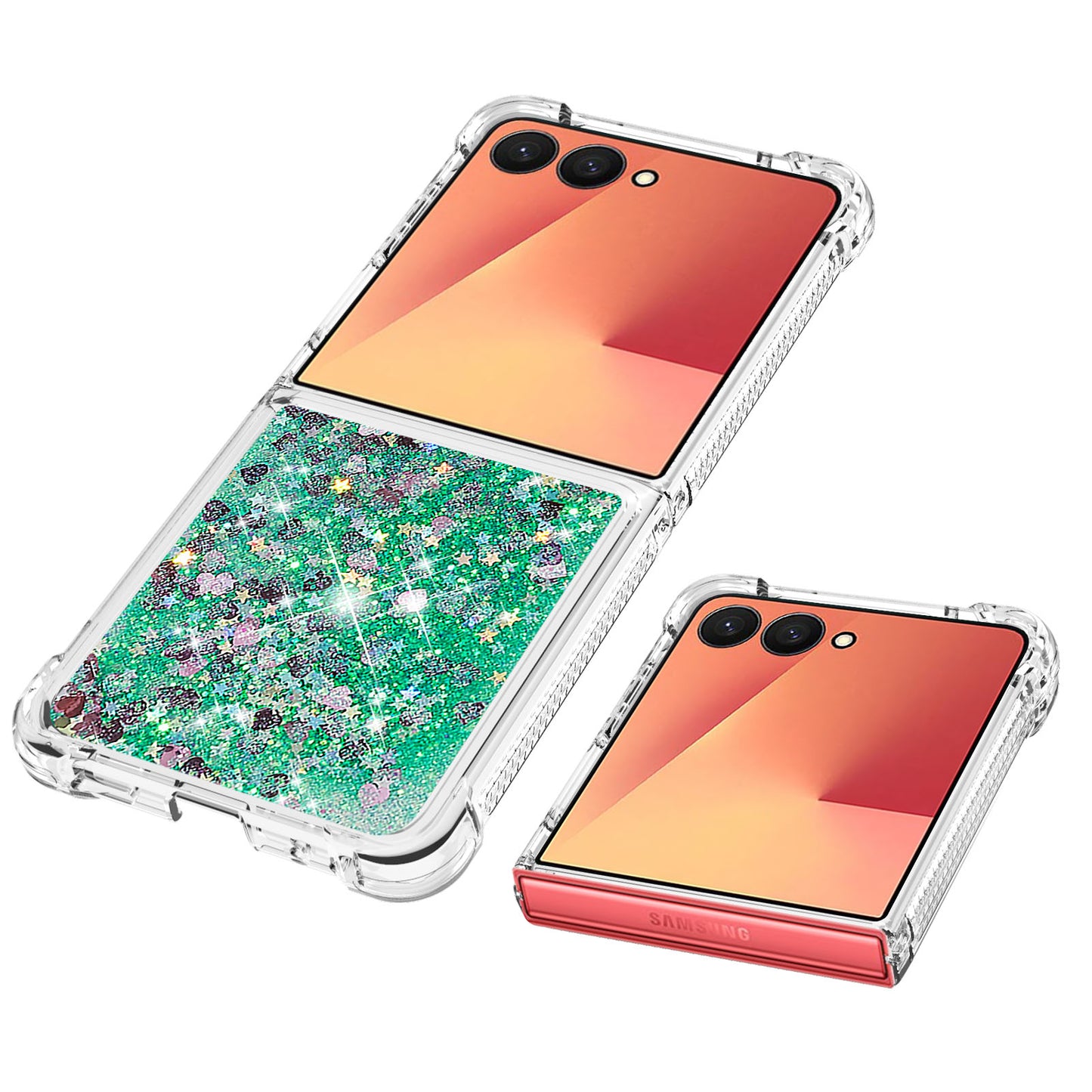 For Samsung Galaxy Z Flip7 5G TPU Case Glitter Quicksand Shockproof Phone Back Cover - Green / Hearts
